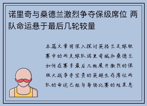 诺里奇与桑德兰激烈争夺保级席位 两队命运悬于最后几轮较量
