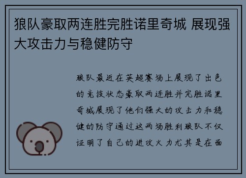 狼队豪取两连胜完胜诺里奇城 展现强大攻击力与稳健防守