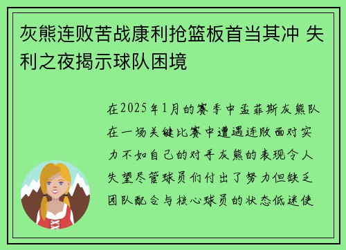 灰熊连败苦战康利抢篮板首当其冲 失利之夜揭示球队困境