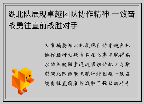 湖北队展现卓越团队协作精神 一致奋战勇往直前战胜对手