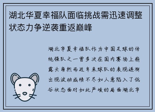 湖北华夏幸福队面临挑战需迅速调整状态力争逆袭重返巅峰