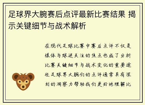 足球界大腕赛后点评最新比赛结果 揭示关键细节与战术解析