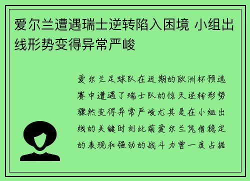 爱尔兰遭遇瑞士逆转陷入困境 小组出线形势变得异常严峻